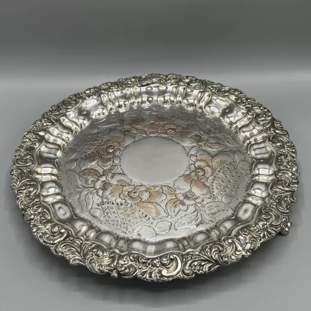 Antique Silver Plated Ornate Round Footed Tray Victorian Decanter Drinks Salver