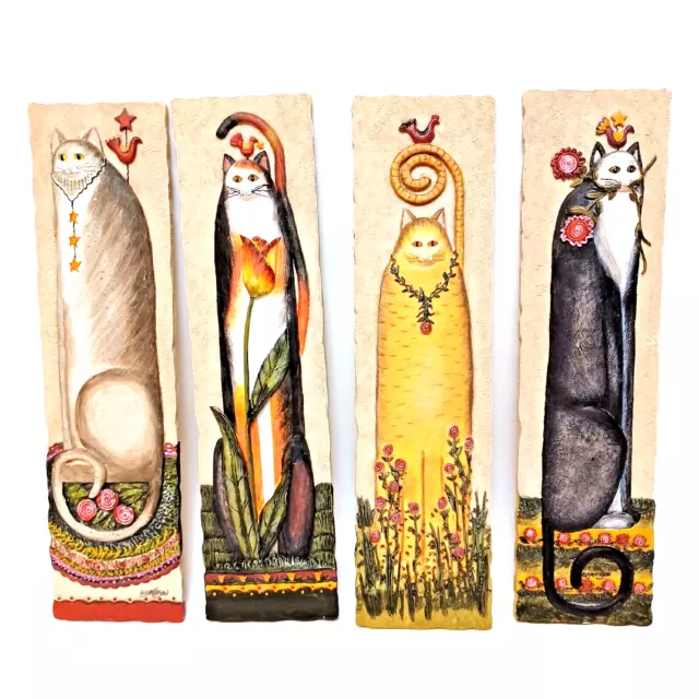 E. Smithson Cat Folk Art 3D Wall Plaques Resin Signed Whimsical 3"x11" Set of 4