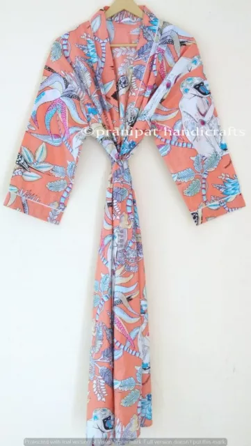 Indiano Scimmia Stampa 100% Cotone Pesca Abito Boho Beach Vestaglia Maxi Kimono