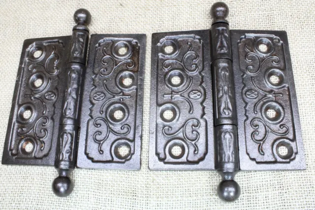 2 Old Door Hinges 4 X 4” Cannon Ball Top Clean Victorian Cast Iron OX Vines