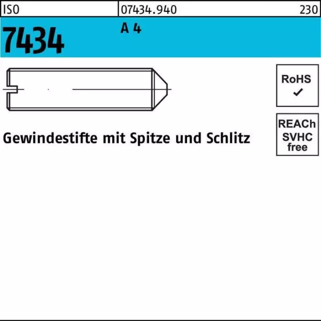 Gewindestift ISO 7434 m.Spitze/Schlitz M 4 x 8 A 4