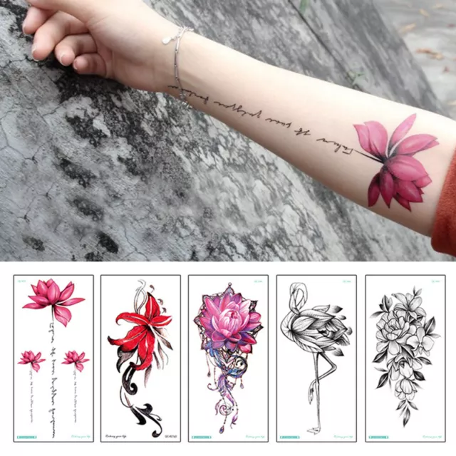 Mujer Coloridas Flores Tatuaje Nuevo Impermeable Extraíble Negro Pegatina Stick 🙂