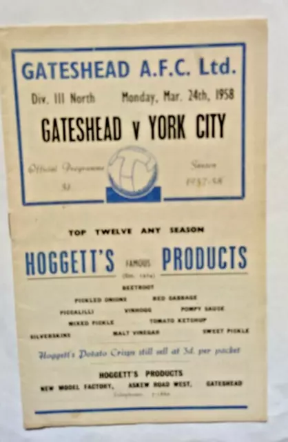 GATESHEAD v YORK CITY 1957-58 DIVISION 3 NORTH PROGRAMME