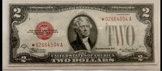 1928 D $2 Two Dollar *Star Note* Red Seal. Very Rare in this Condition