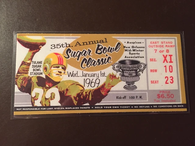 Arkansas Razorbacks 1969 Sugar Bowl REPLICA ticket vs Georgia Bulldogs
