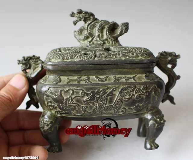 Exquisite Old Handwork Bronze Incense Burnerss Lucky Dragon collectable statue