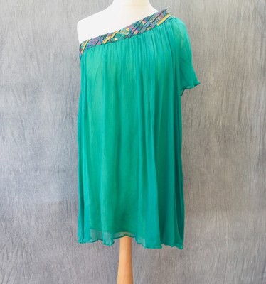 PAUL & JOE Silk Mini Dress one Shoulder 38 S 8 10 Green Embroidery K18