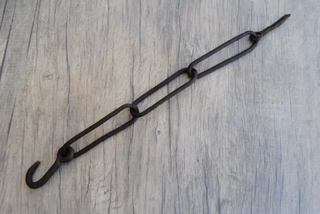Vintage wrought Iron Hook length chain on pin hanging tool kitchen farm decor