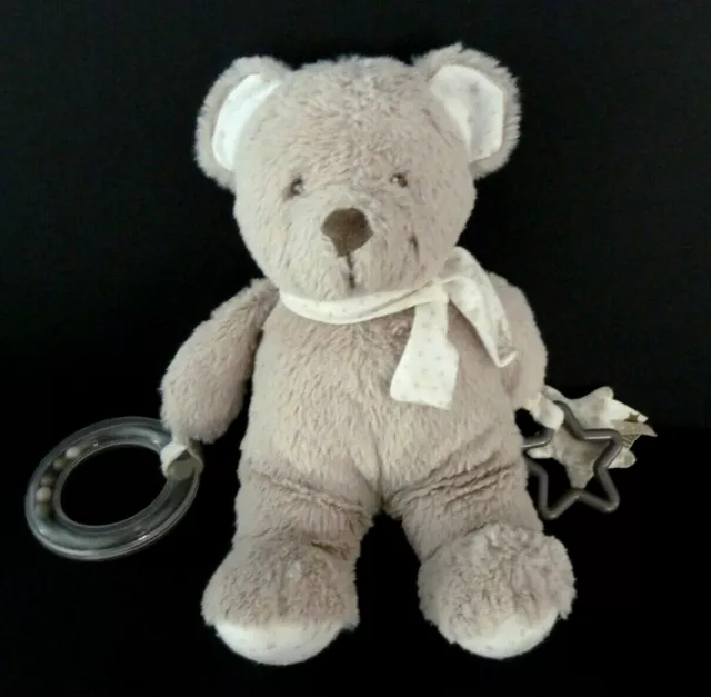 Z11 DOUDOU PELUCHE POMMETTE OURS BEIGE ECHARPE BLANC ETOILE ANNEAU BILLES lire