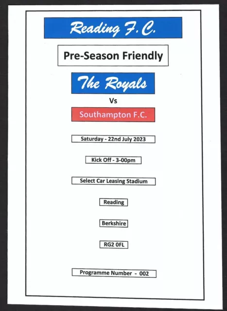 READING v SOUTHAMPTON 22.07.23 PRE-SEASON FRIENDLY PROGRAMME