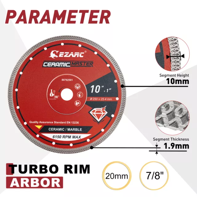 EZARC 10in Diamond Saw Blade Super Thin Diamond Ceramic Cutting Blades Dry / Wet 3