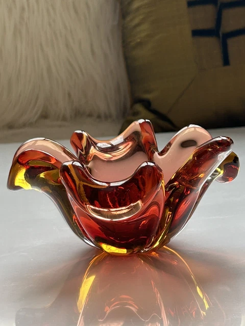 VINTAGE MURANO AMBER Cranberry Glass Four Leaf Clover Candy Dish Bowl 7