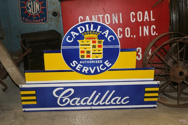 Large Cadillac Authorized Service 2 Sided 36" Metal Porcelain Gas Oil Sign