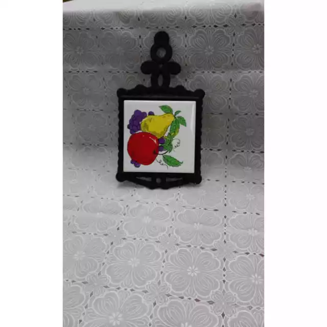 Vintage Hand Painted Fruit Trivet Wrought Iron Handle Trim Pear Grapes Apples (2