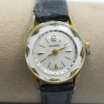 Vintage Manson Watch Women's Classic Gold Tone Swiss Made Black Leather Band 80s