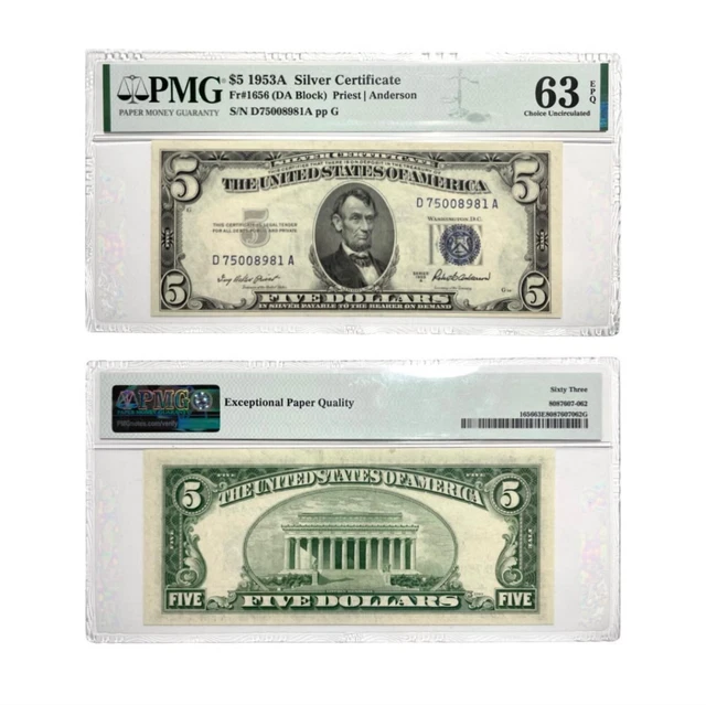 1953 A -(DA Block) Five Dollar Silver certificate Blue Seal Fr#1656 PMG 63 UNC