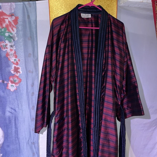 Jim Thompson Navy Blue Maroon Thai Silk Belted Kimono Robe Pockets 60's Vintage