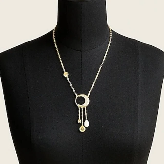 J. Crew - Long charm crescent moon gold pearl gold bohemian necklace
