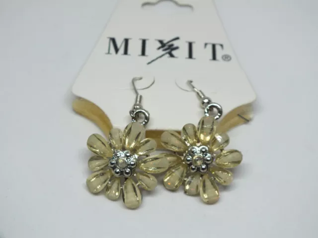 Beautiful French Wire Earrings Silver Tone Mixit Label Flowers Golden Off White