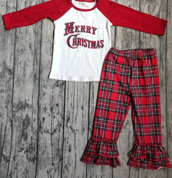 Girls Boutique Merry Christmas plaid Ruffle Pants 2 piece pajama set 6/7 NEW
