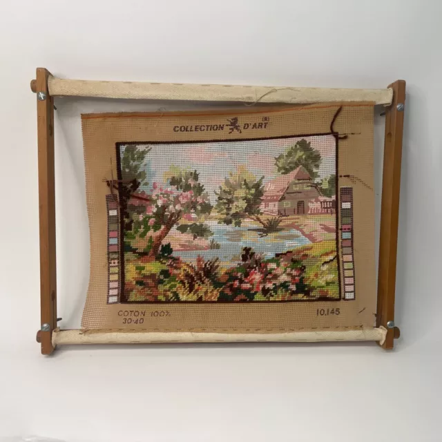 Unfinished Country Scene Tapestry with Frame and some thread Pinks colouring