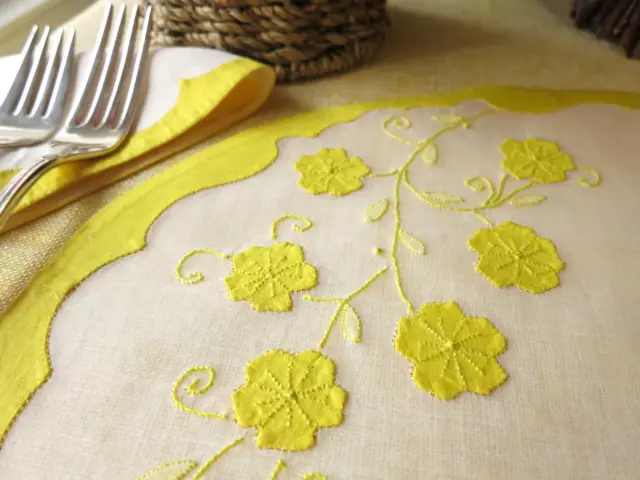 Bright Yellow Flowers Vintage Madeira 16pc Organdy Placemat Set for 8