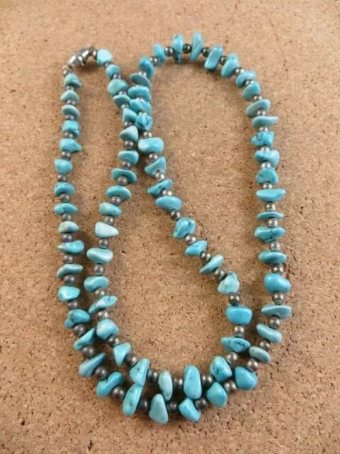 Native American Style Sterling Silver Blue Turquoise 24" Beaded Necklace #909