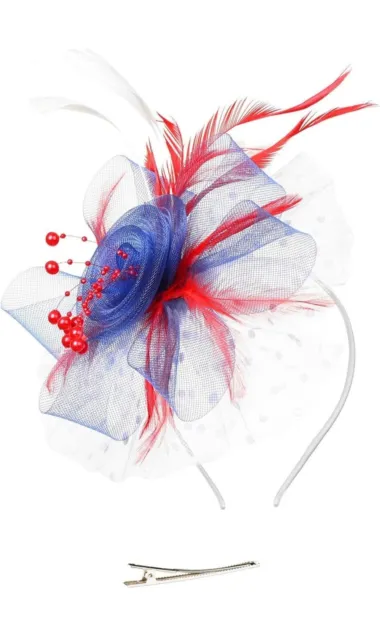 Red/White/Blue Feather Mesh Fascinator Hat Clip/Band Wedding Tea Cocktail Party