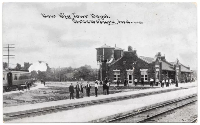 C.1905 Big Four Depot, GREENSBURG INDIANA, Train in Station, wagons Postcard 2