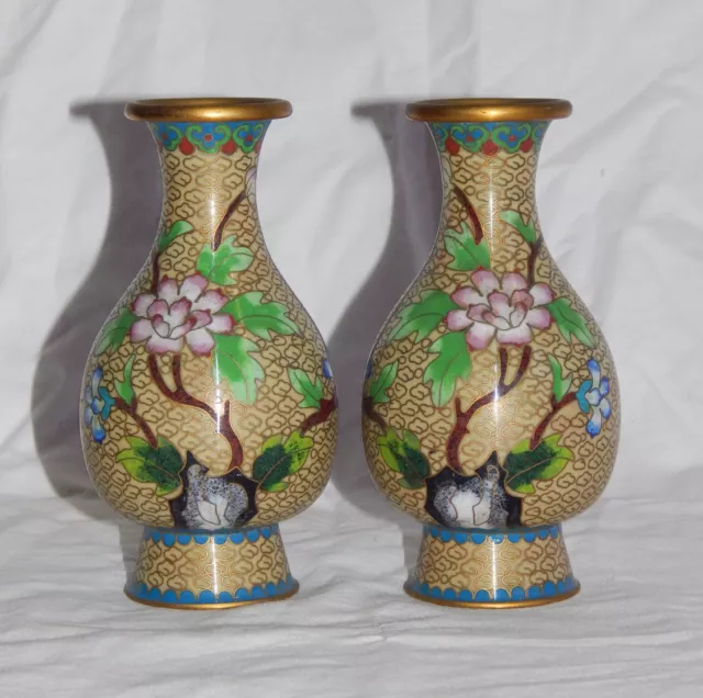 Vintage 1940s Chinese Jingfa Brass Cloisonne Minature Vase Pair