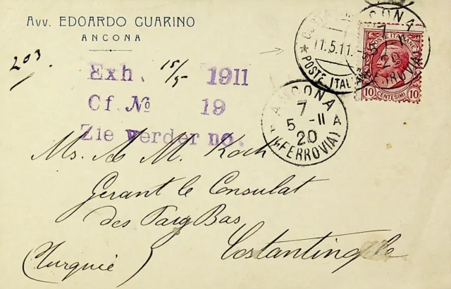SEPHIL ITALY 1911 PRE WWI 10c ON NICE CANCEL POSTCARD ANCONA TO TURKEY W/CACHET
