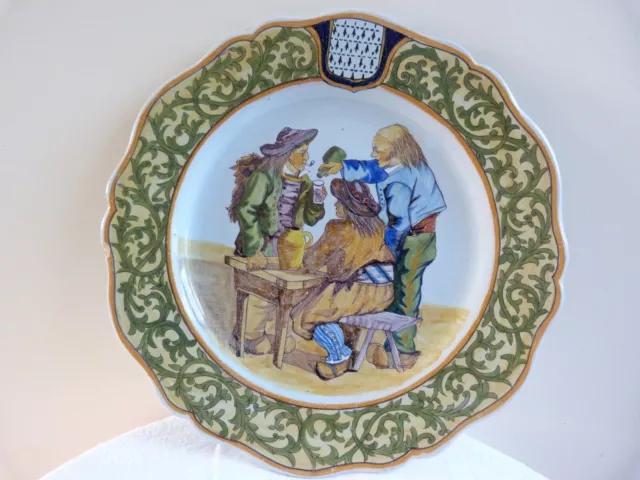 Porquier Beau Assiette faience de Quimper "Plogonec" scène d'auberge fin 19ème