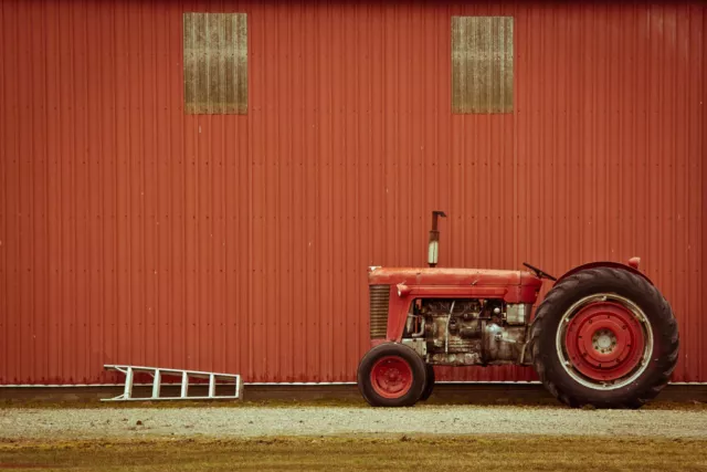 Vintage Red Tractor and Ladder Beside Rural Barn Photo Art Print Poster 18x12