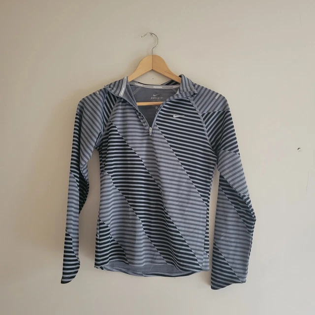 Nike Girls Dri Fit 1/4 Zip Pullover Running Striped Size L Gray Athletic Youth