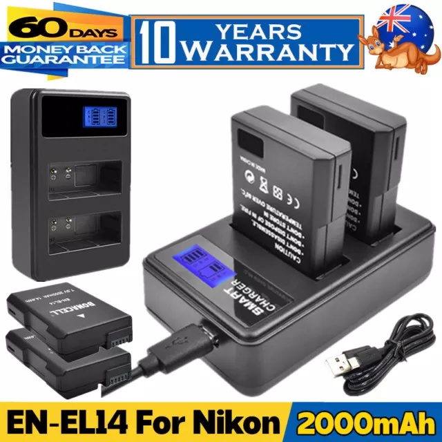 2x 2000mAh EN-EL14 Battery + USB Dual Charger for Nikon D3100 D5100 P7000 D5200