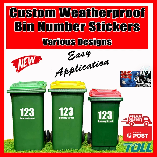 CUSTOM BIN STICKERS Number Street Name Decal Wheelie Large Rubbish