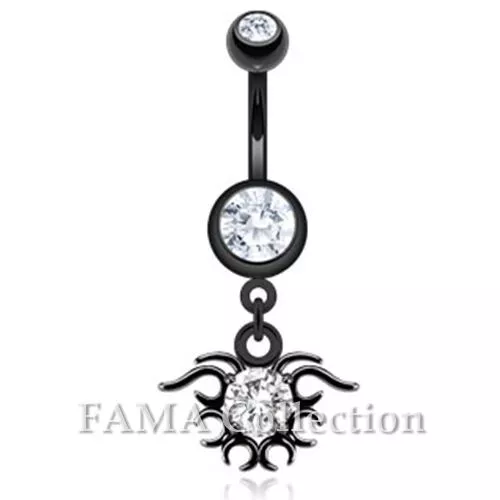 FAMA Black Tribal Pattern with CZ Dangle Navel Belly Ring 316L Surgical Steel