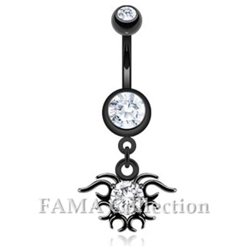 FAMA Black Tribal Pattern with CZ Dangle Navel Belly Ring 316L Surgical Steel