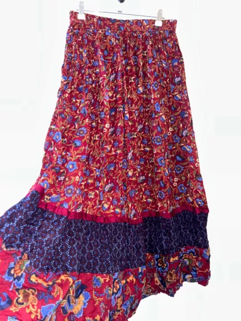 Long Burgundy Floral Ruffle Bohemian Skirt Size 12 14 16 Stretch Gypsy Retro