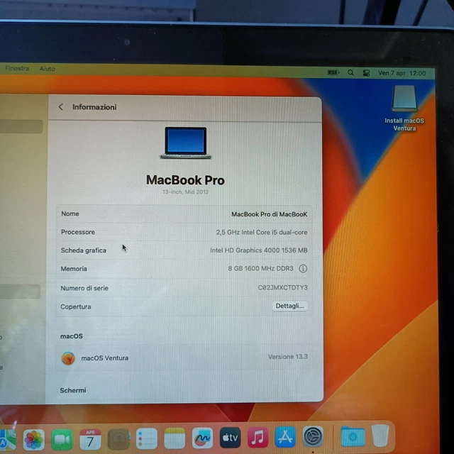 MacBook Pro 13,3" 2012 MacOs Ventura(Intel Core i5, 2.50GHz, 8GB RAM, 120GB SSD) 2