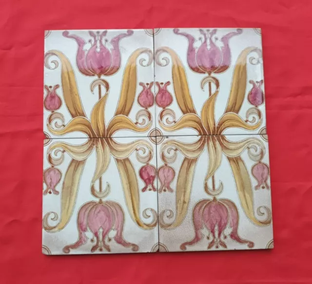 4 Piece Old Art Floral Design Printed Majolica Ceramic Tiles England Made 0219