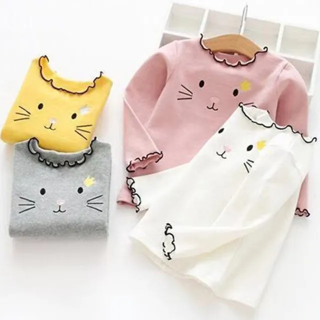 Children Girls Cat Print Long Sleeve Tops Casual T-Shirt Kids Tee Shirt Spring