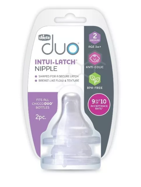 Chicco Duo2 Pack Stage 2 Medium Flow 3m+ Baby Bottle Nipples Anti-Colic BPA Free
