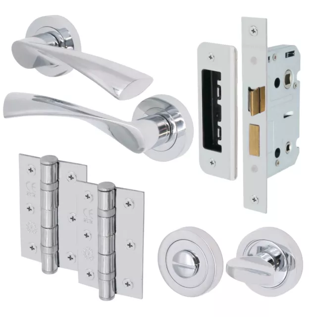 Chrome Door Handles Swept Wing Internal Packs Set Bathroom Bedroom Latch Lock