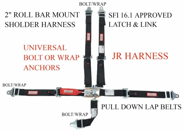 Quarter Midget Racing Harness Sfi 16.1 Latch & Link Black Universal Bolt Or Wrap