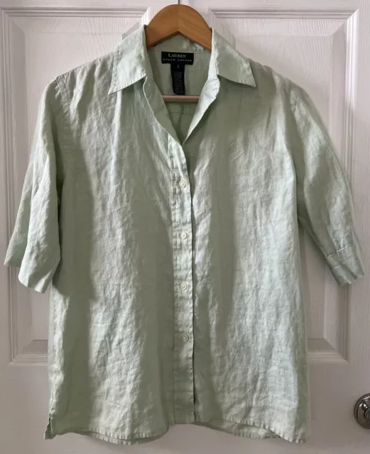 Lauren Ralph Lauren Short Sleeve Button Up Linen Shirt Blouse Top Small Green