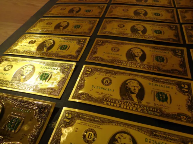24 Karat  Gold 2 Dollar Usa  Note-Green Seal-Each In Rigid Pvc Bill Holder