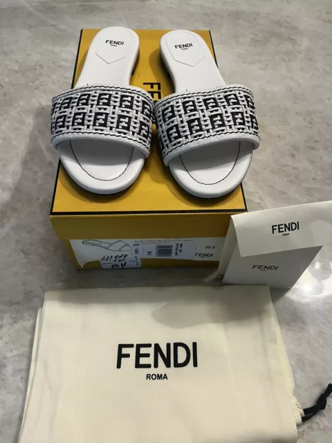 Fendi Authentic NIB Women's Interlaced Woven Slides Black & White  Sz 38.5