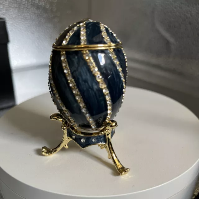 Denim Blue Faberge Egg Trinket Box By Keren Kopal, Austrian Crystals, Elegant