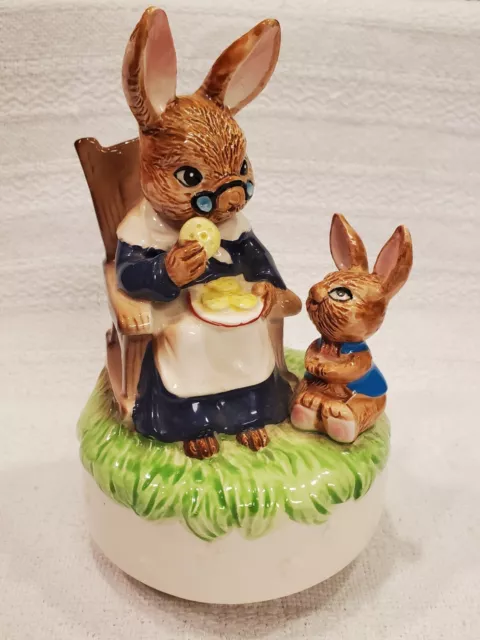 Bunny Rabbits Music Box Vtg Ceramic Figurine Plays Talk To The Animals Easter